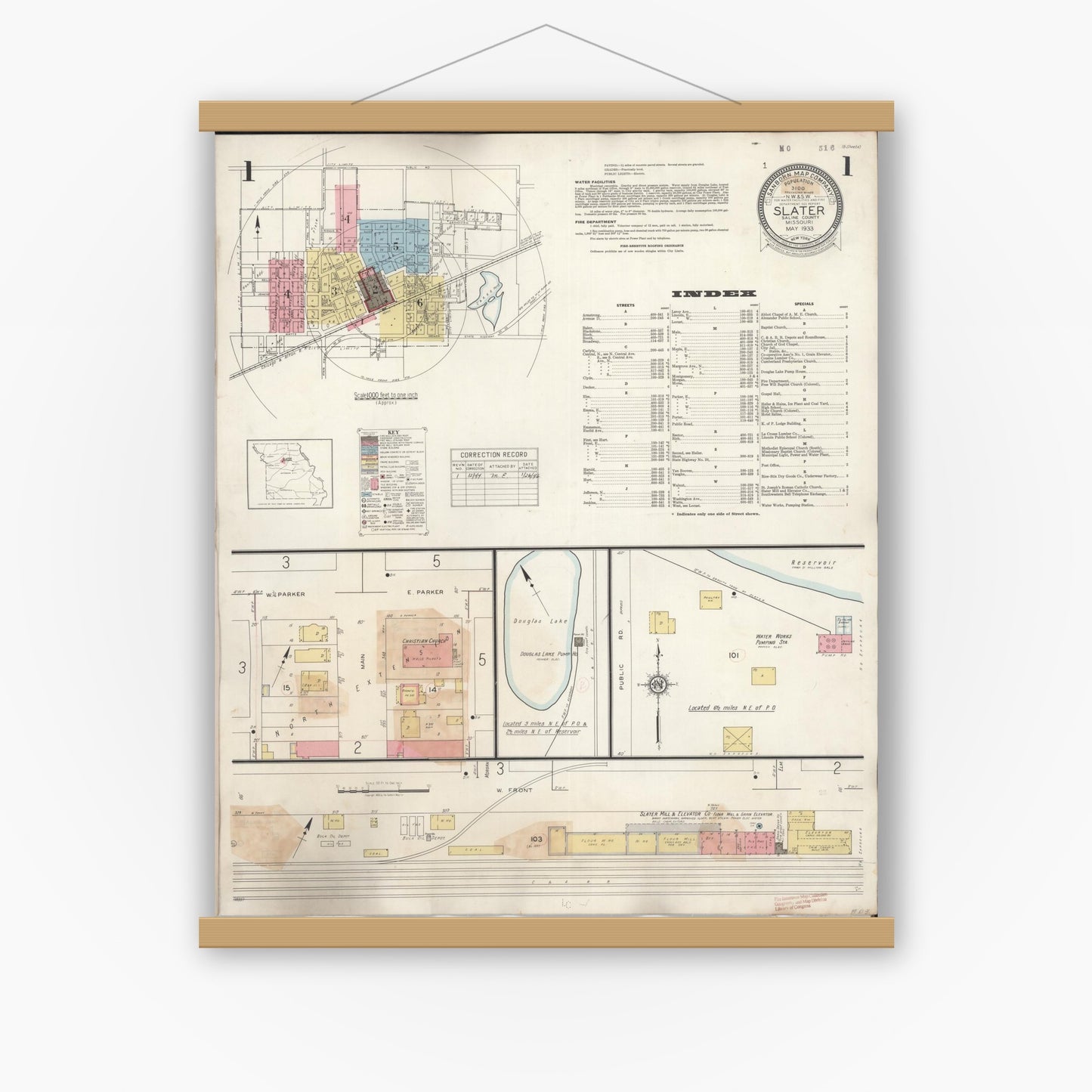 Old map wall art mockup — magnetic wood frame on white wall — Sanborn Fire Insurance Map from Slater, Saline County, Missouri (1944) - Complete Map Set