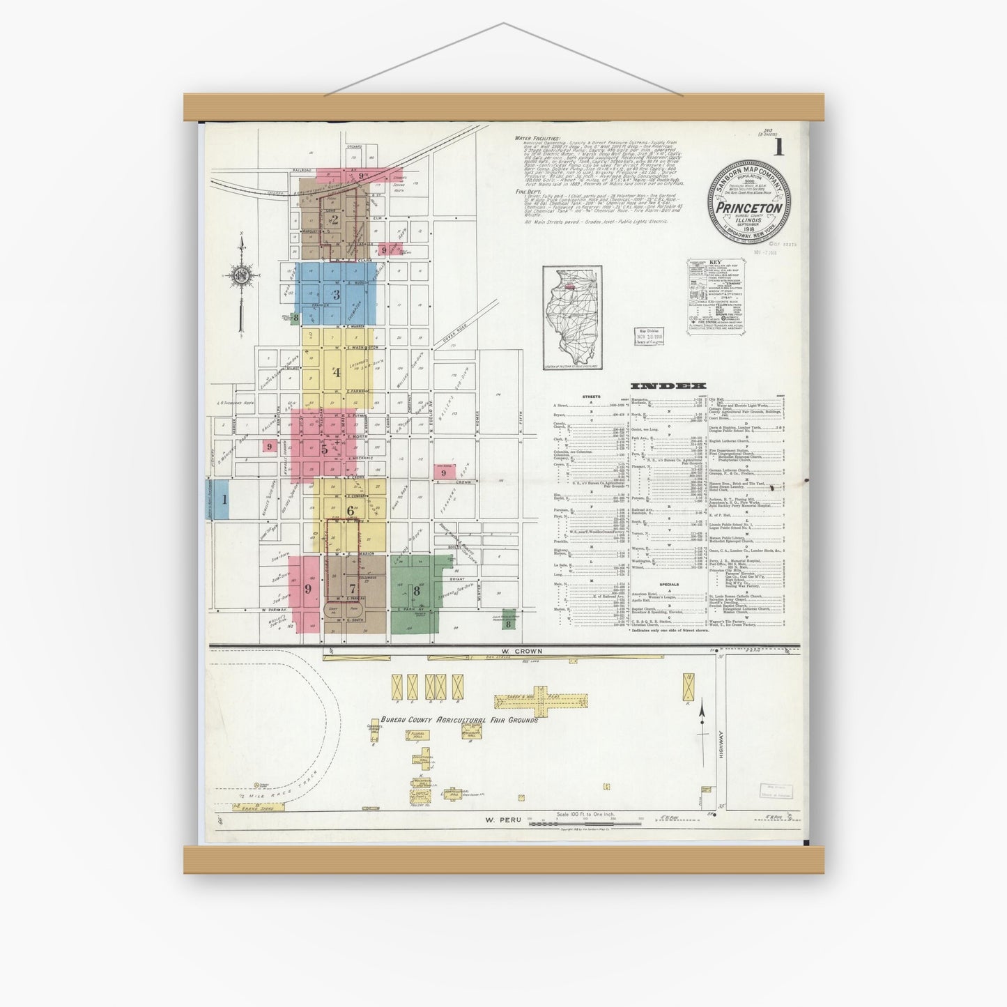 Old map wall art mockup — magnetic wood frame on white wall — Sanborn Fire Insurance Map from Princeton, Bureau County, Illinois (1918) - Complete Map Set