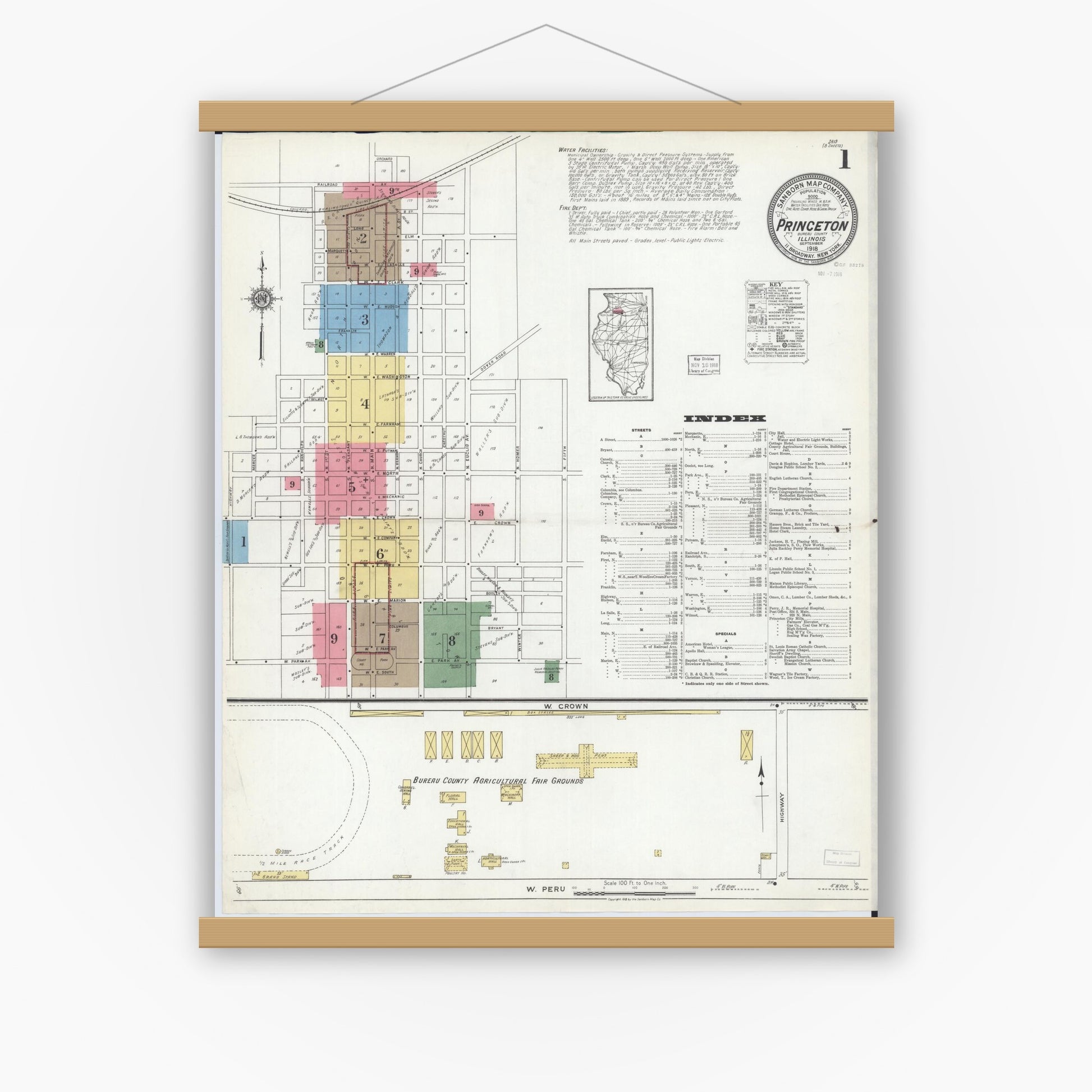Old map wall art mockup — magnetic wood frame on white wall — Sanborn Fire Insurance Map from Princeton, Bureau County, Illinois (1918) - Complete Map Set