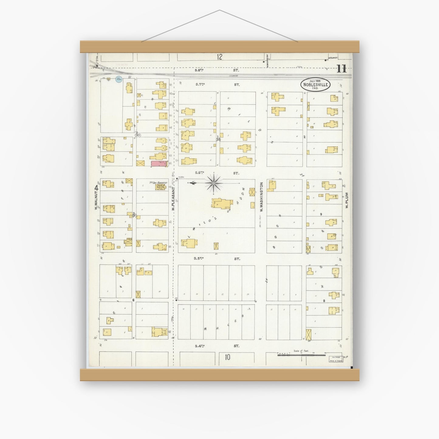 Old map wall art mockup — magnetic wood frame on white wall — Sanborn Fire Insurance Map from Noblesville, Hamilton County, Indiana (1905), Sheet #0011