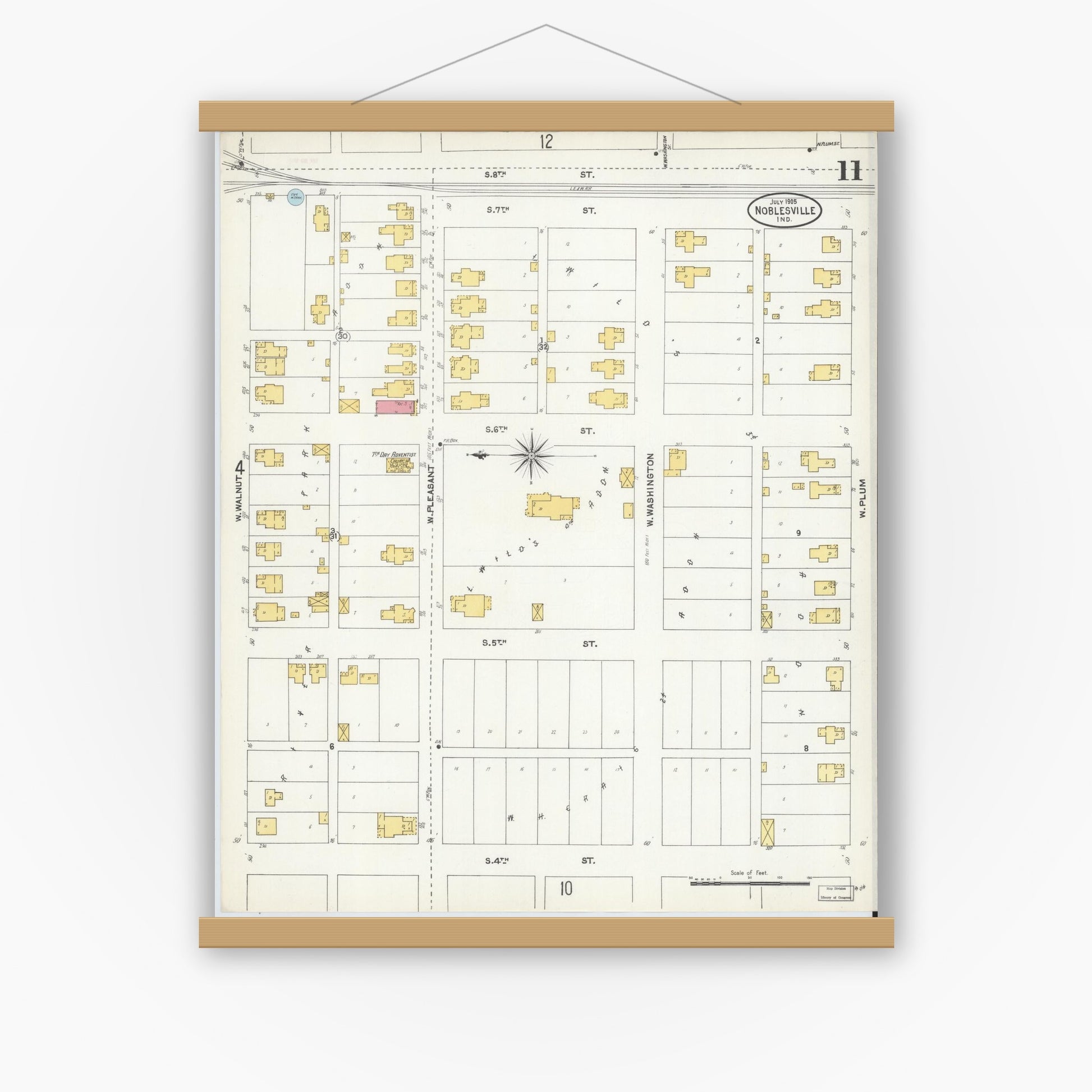 Old map wall art mockup — magnetic wood frame on white wall — Sanborn Fire Insurance Map from Noblesville, Hamilton County, Indiana (1905), Sheet #0011