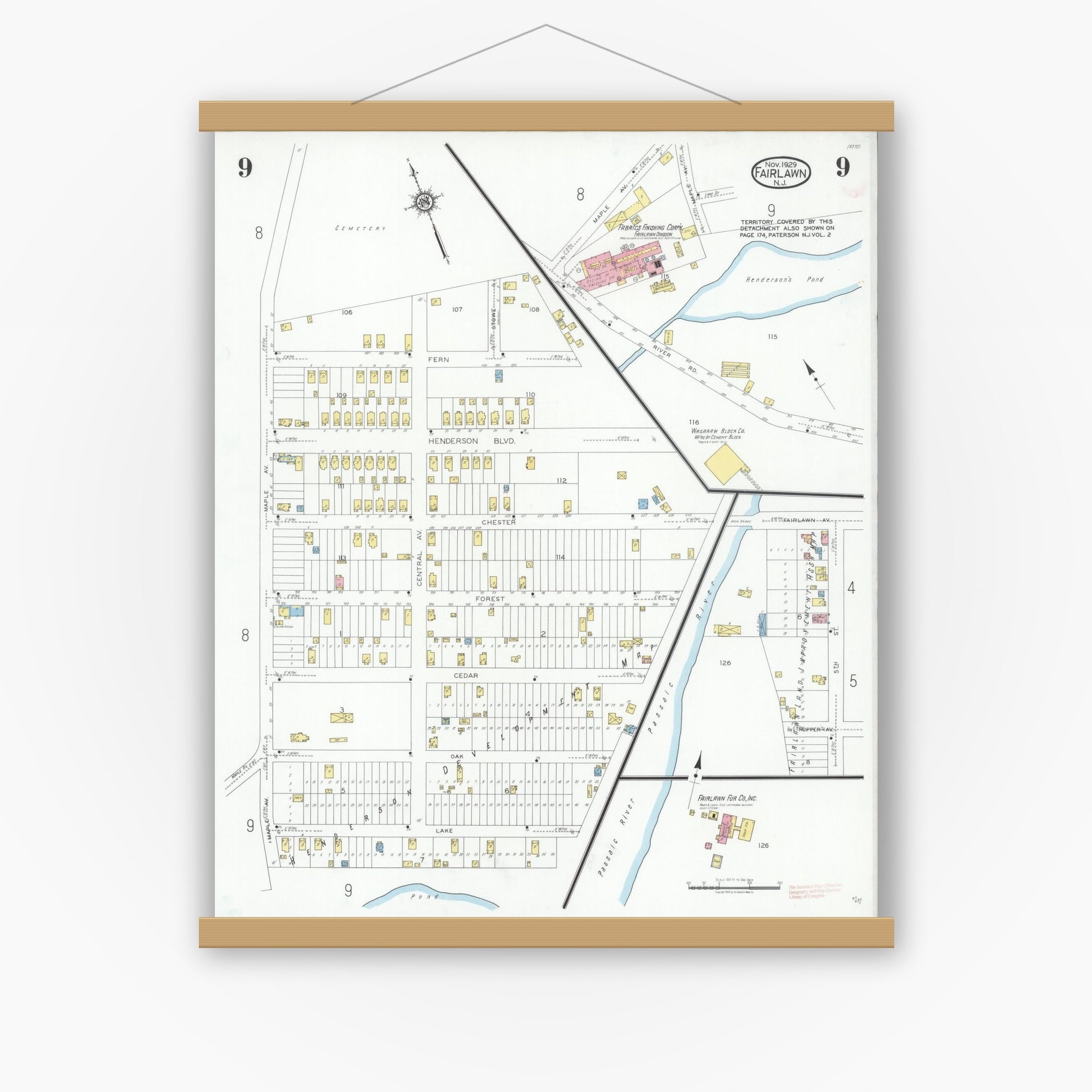 Old map wall art mockup — magnetic wood frame on white wall — Sanborn Fire Insurance Map from Fair Lawn, Bergen County, New Jersey (1929), Sheet #0009