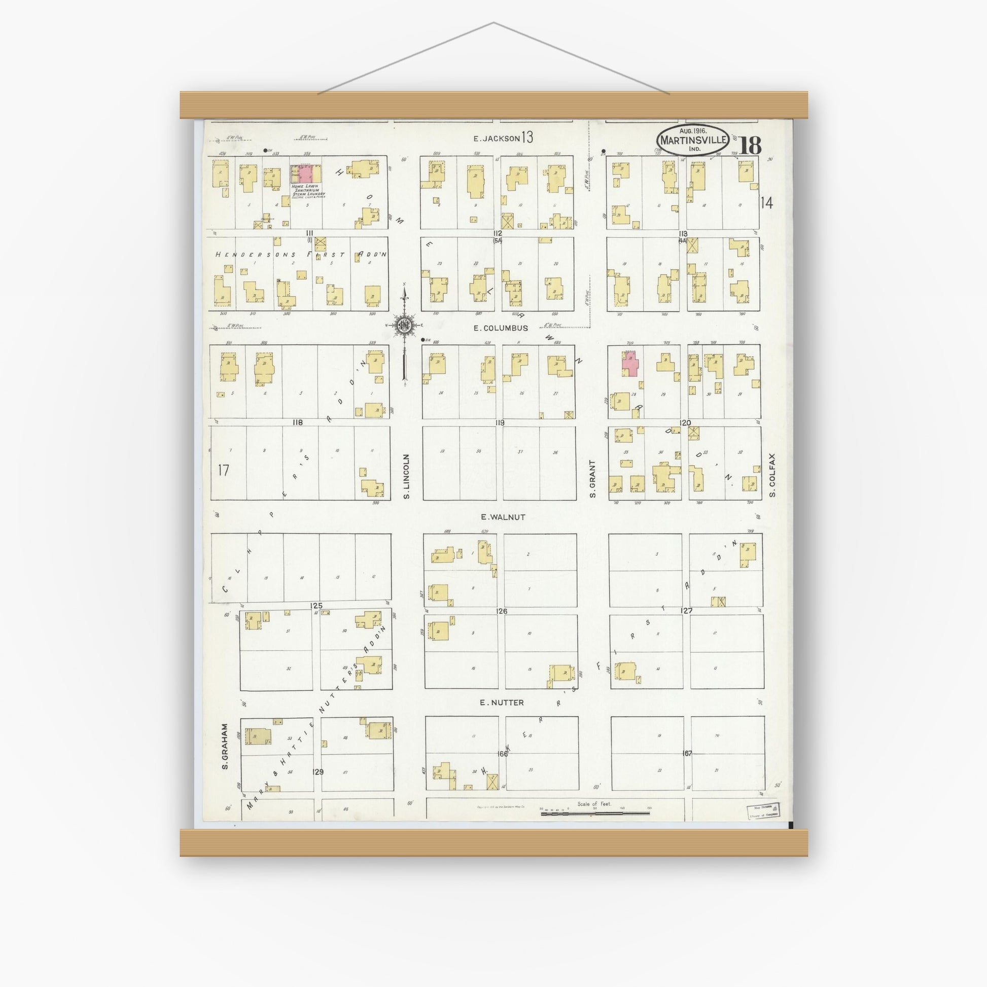 Old map wall art mockup — magnetic wood frame on white wall — Sanborn Fire Insurance Map from Martinsville, Morgan County, Indiana (1916), Sheet #0018