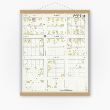 Old map wall art mockup — magnetic wood frame on white wall — Sanborn Fire Insurance Map from Martinsville, Morgan County, Indiana (1916), Sheet #0018