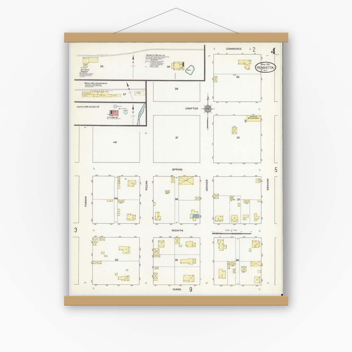 Old map wall art mockup — magnetic wood frame on white wall — Sanborn Fire Insurance Map from Henrietta, Clay County, Texas (1912), Sheet #0004