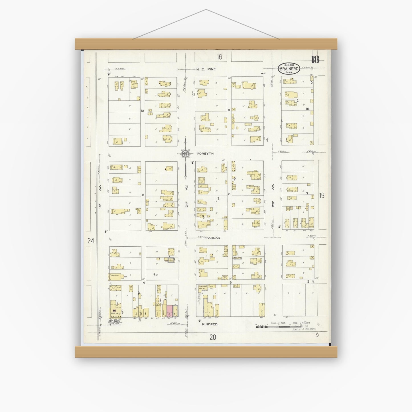 Old map wall art mockup — magnetic wood frame on white wall — Sanborn Fire Insurance Map from Brainerd, Crow Wing County, Minnesota (1913), Sheet #0018