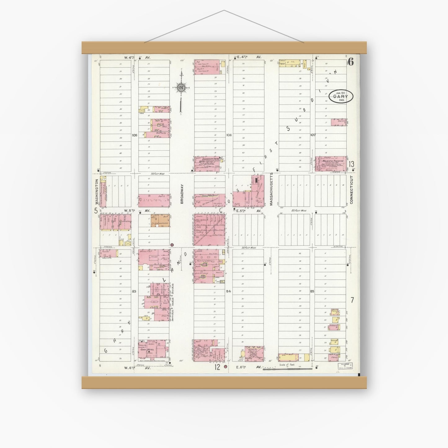 Old map wall art mockup — magnetic wood frame on white wall — Sanborn Fire Insurance Map from Gary, Lake County, Indiana (1911), Sheet #0006