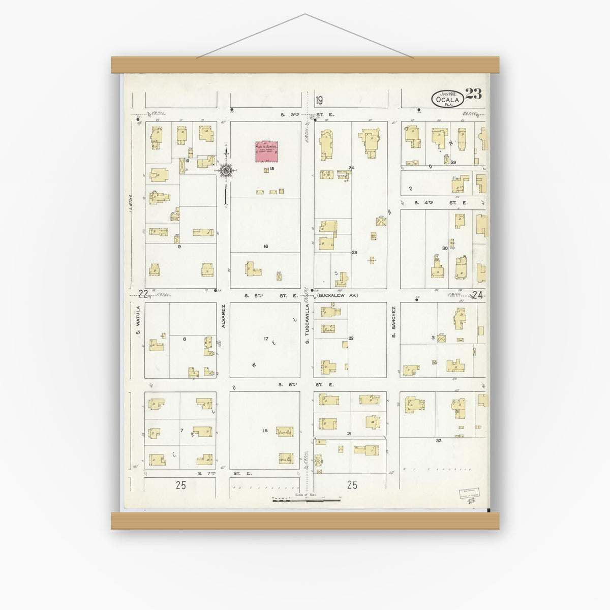 Old map wall art mockup — magnetic wood frame on white wall — Sanborn Fire Insurance Map from Ocala, Marion County, Florida (1912), Sheet #0023