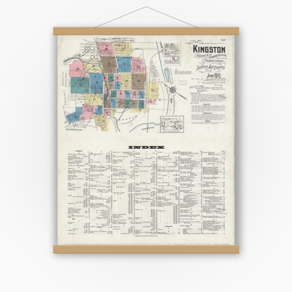 Old map wall art mockup — magnetic wood frame on white wall — Sanborn Fire Insurance Map from Kingston, Luzerne County, Pennsylvania (1925), Sheet #0001