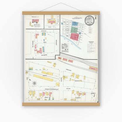 Old map wall art mockup — magnetic wood frame on white wall — Sanborn Fire Insurance Map from Eagle Pass, Maverick County, Texas (1900), Sheet #0001
