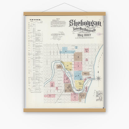 Old map wall art mockup — magnetic wood frame on white wall — Sanborn Fire Insurance Map from Sheboygan, Sheboygan County, Wisconsin (1887) - Complete Map Set