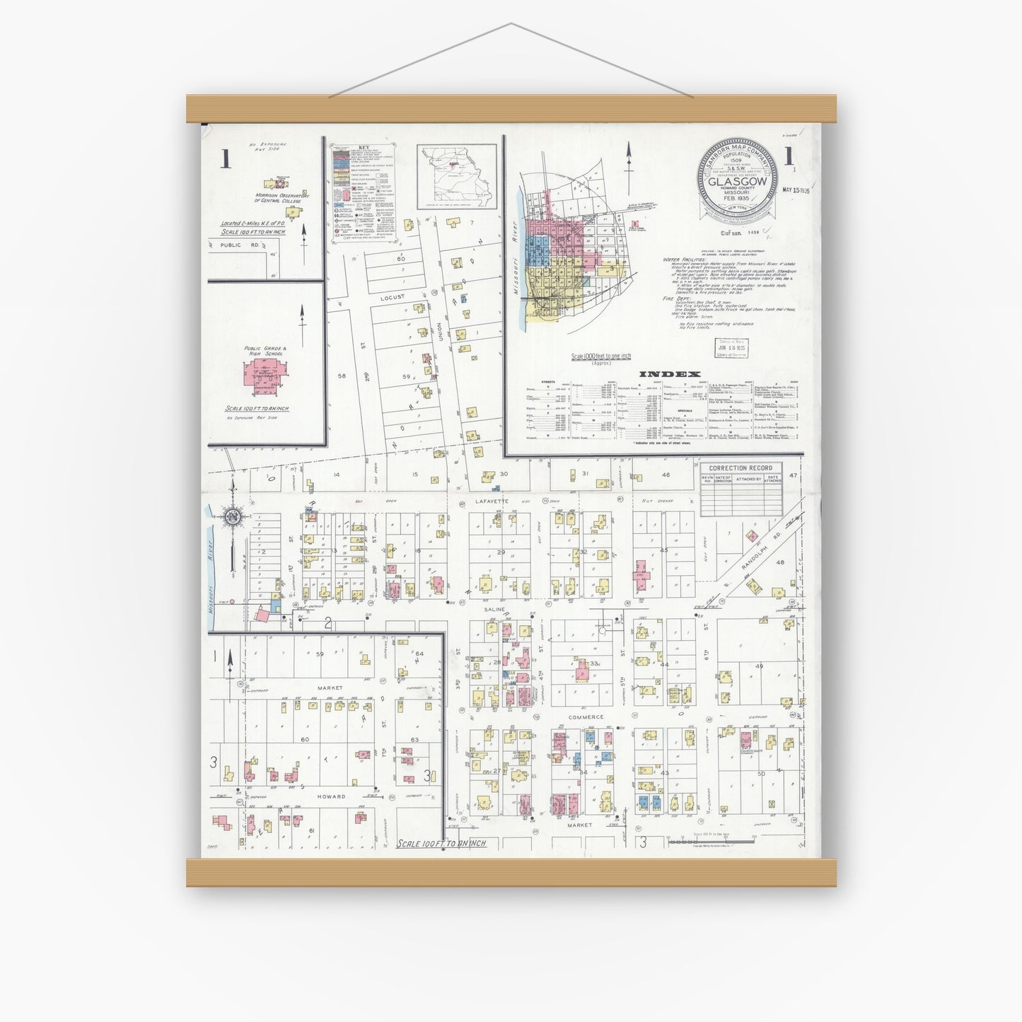 Old map wall art mockup — magnetic wood frame on white wall — Sanborn Fire Insurance Map from Glasgow, Howard County, Missouri (1935) - Complete Map Set