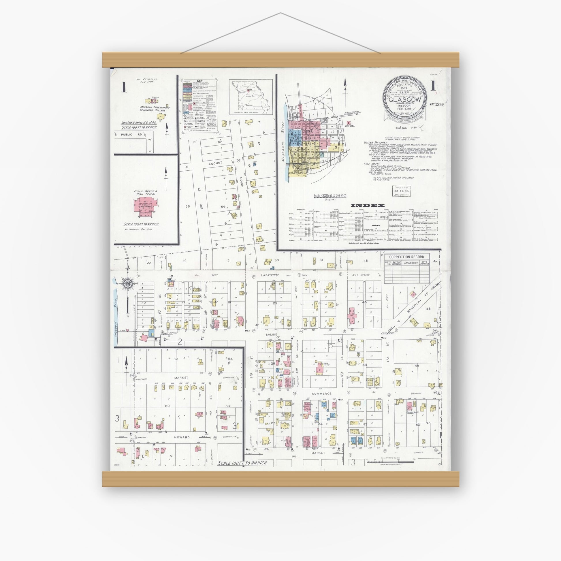 Old map wall art mockup — magnetic wood frame on white wall — Sanborn Fire Insurance Map from Glasgow, Howard County, Missouri (1935) - Complete Map Set