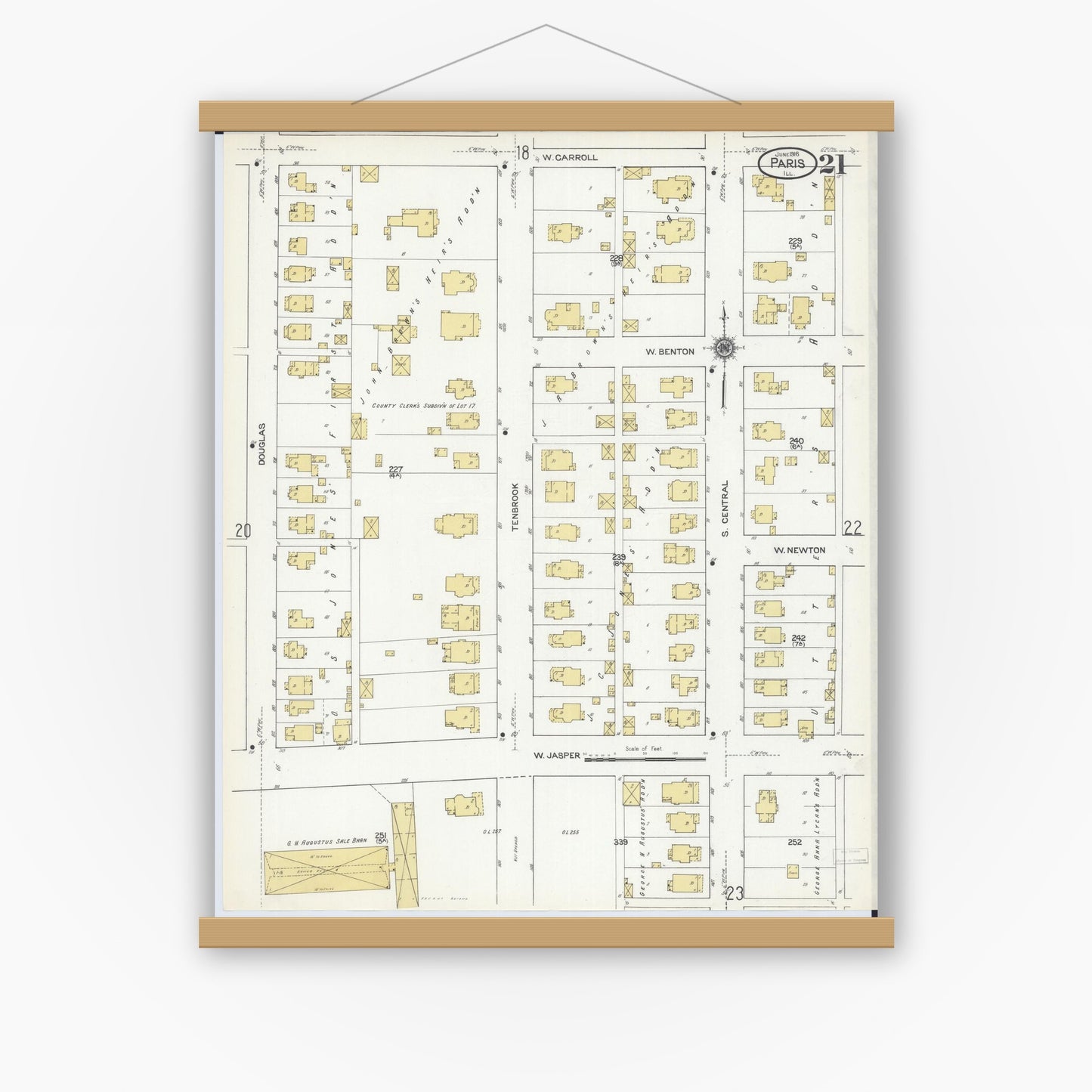 Old map wall art mockup — magnetic wood frame on white wall — Sanborn Fire Insurance Map from Paris, Edgar County, Illinois (1916), Sheet #0021