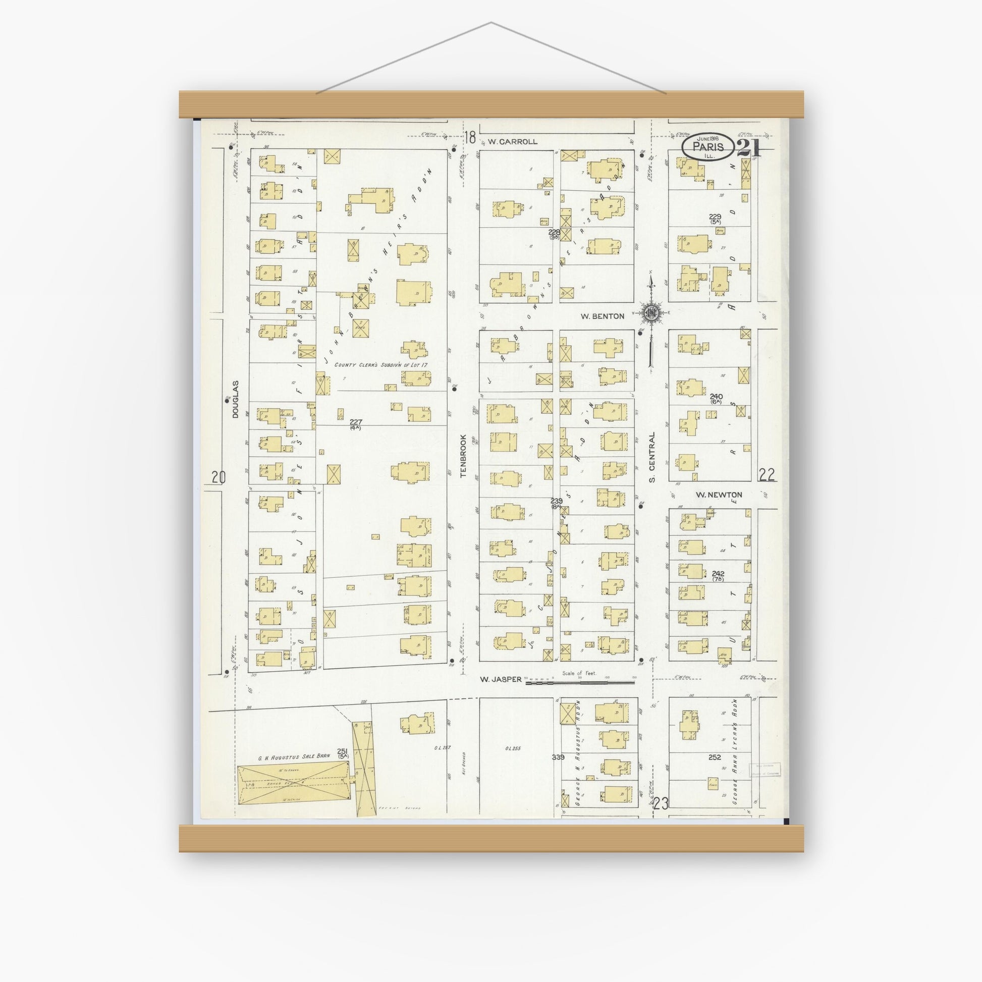 Old map wall art mockup — magnetic wood frame on white wall — Sanborn Fire Insurance Map from Paris, Edgar County, Illinois (1916), Sheet #0021