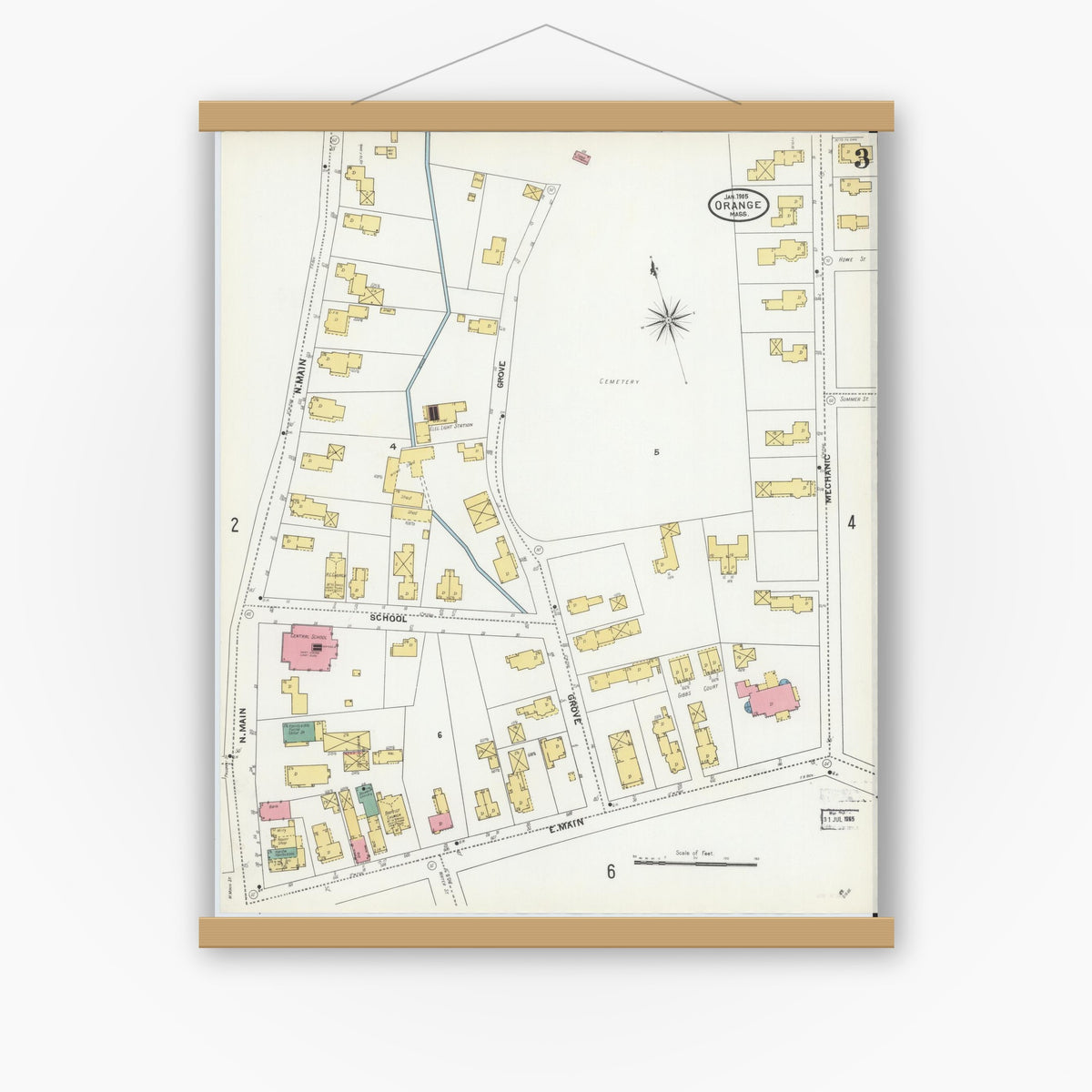 Old map wall art mockup — magnetic wood frame on white wall — Sanborn Fire Insurance Map from Orange, Franklin County, Massachusetts (1905), Sheet #0003
