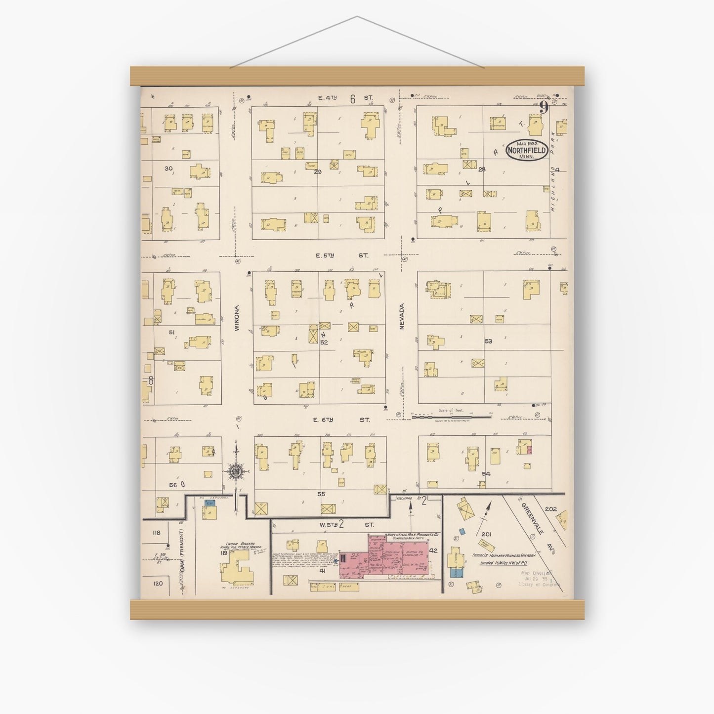 Old map wall art mockup — magnetic wood frame on white wall — Sanborn Fire Insurance Map from Northfield, Rice County, Minnesota (1922), Sheet #0009