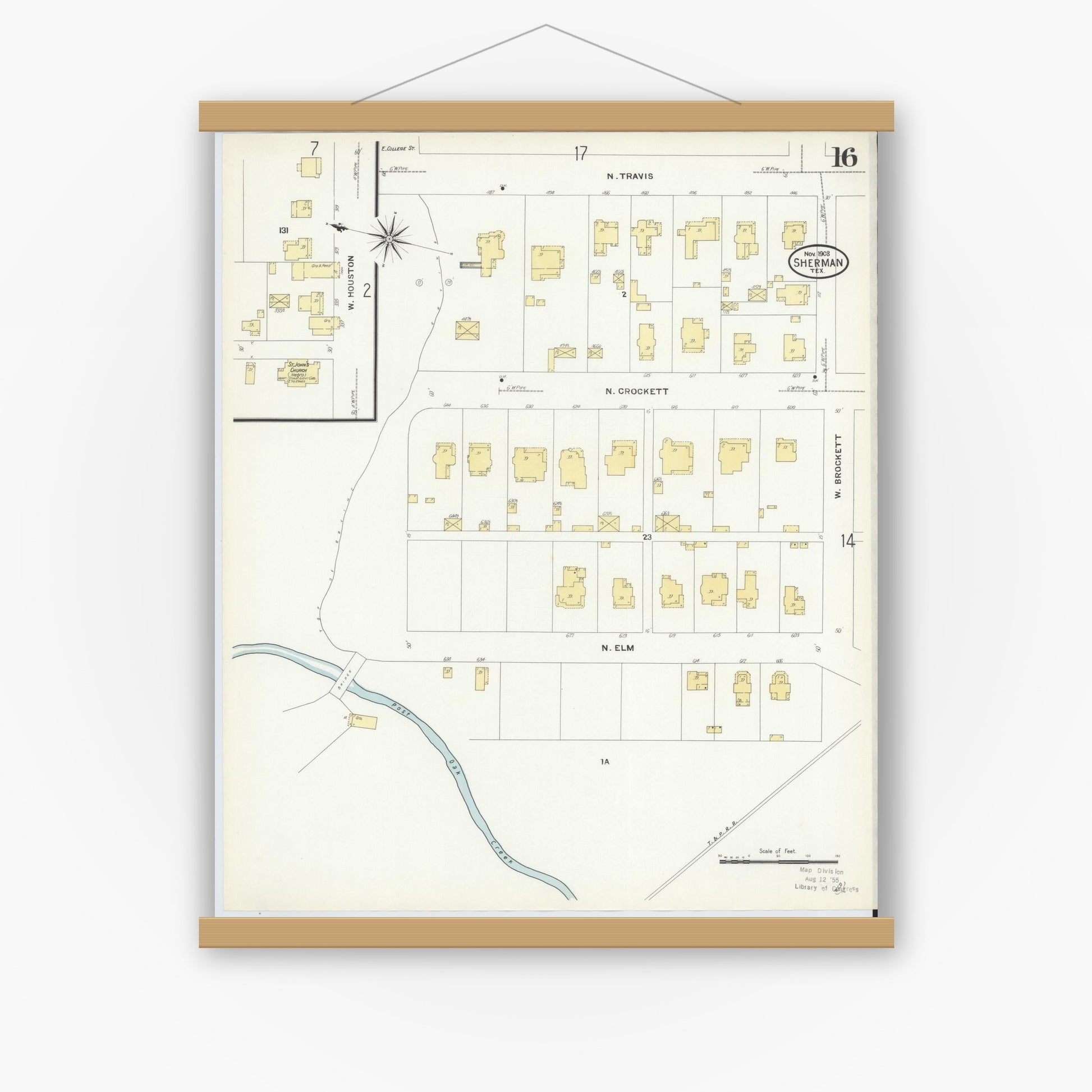 Old map wall art mockup — magnetic wood frame on white wall — Sanborn Fire Insurance Map from Sherman, Grayson County, Texas (1908), Sheet #0016