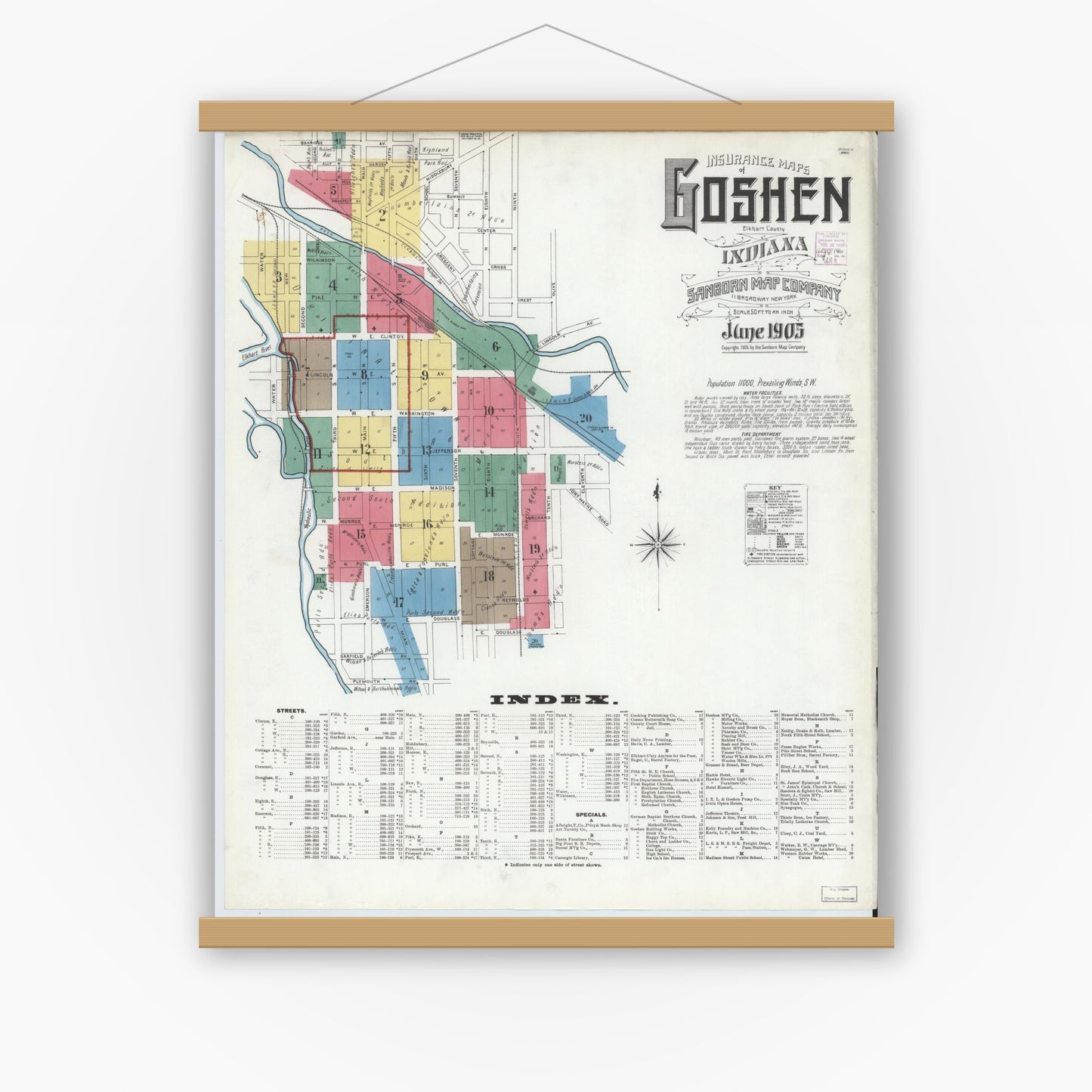 Old map wall art mockup — magnetic wood frame on white wall — Sanborn Fire Insurance Map from Goshen, Elkhart County, Indiana (1905) - Complete Map Set