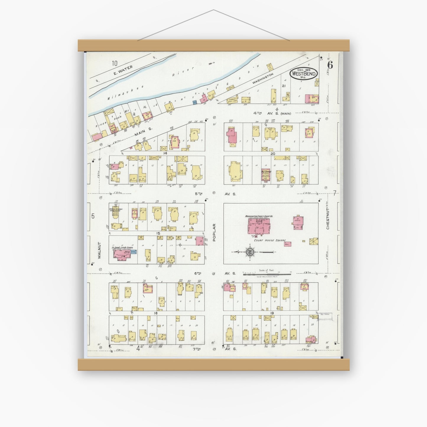 Old map wall art mockup — magnetic wood frame on white wall — Sanborn Fire Insurance Map from West Bend, Washington County, Wisconsin (1919), Sheet #0006