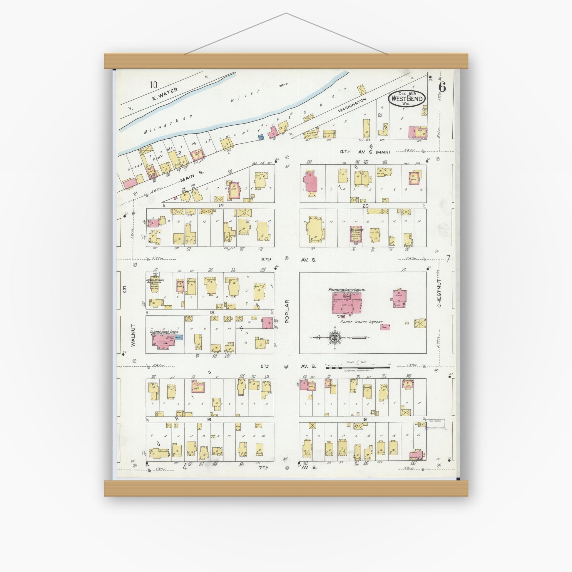 Old map wall art mockup — magnetic wood frame on white wall — Sanborn Fire Insurance Map from West Bend, Washington County, Wisconsin (1919), Sheet #0006