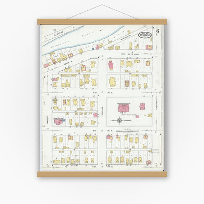 Old map wall art mockup — magnetic wood frame on white wall — Sanborn Fire Insurance Map from West Bend, Washington County, Wisconsin (1919), Sheet #0006