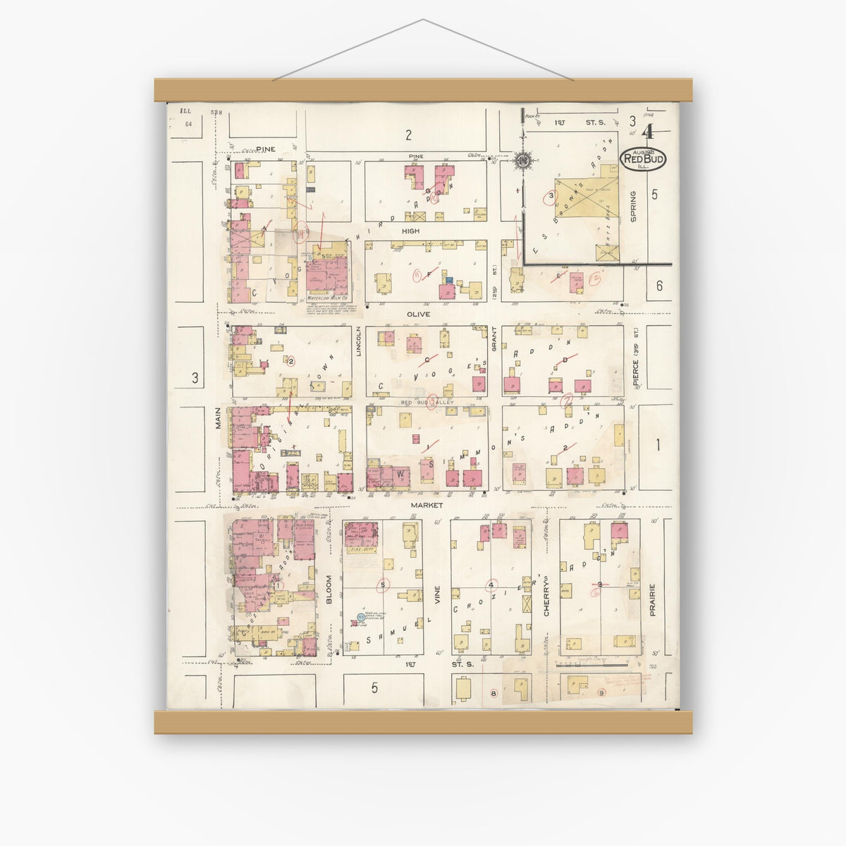 Old map wall art mockup — magnetic wood frame on white wall — Sanborn Fire Insurance Map from Red Bud, Randolph County, Illinois (1932), Sheet #0004