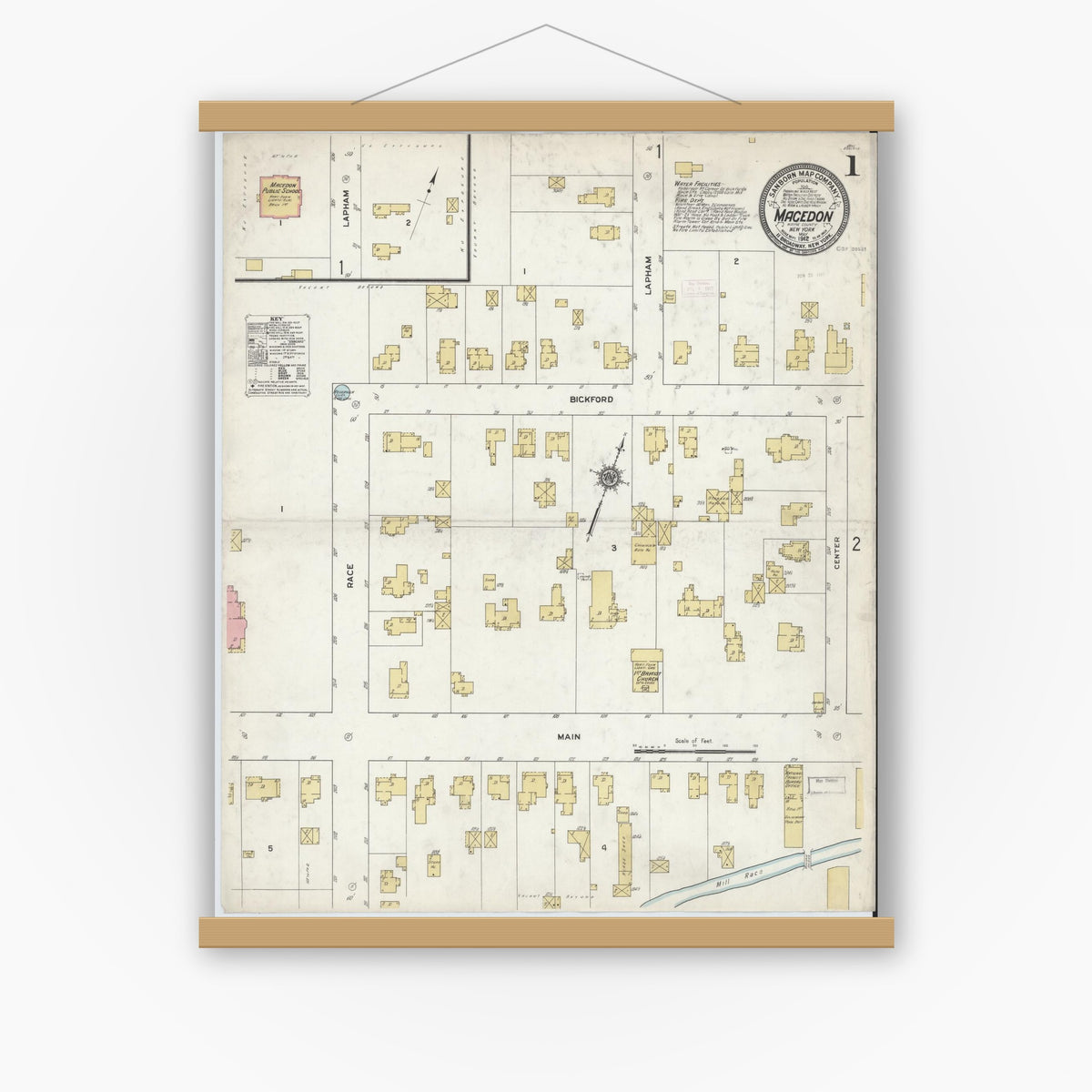 Old map wall art mockup — magnetic wood frame on white wall — Sanborn Fire Insurance Map from Macedon, Wayne County, New York (1912), Sheet #0001
