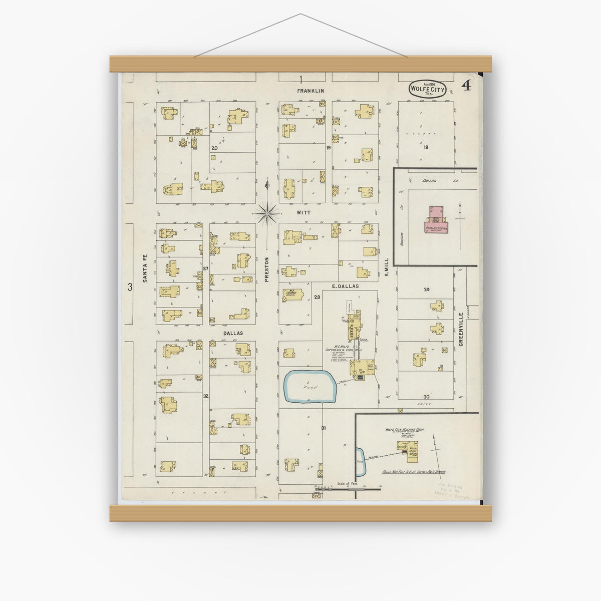Old map wall art mockup — magnetic wood frame on white wall — Sanborn Fire Insurance Map from Wolfe City, Hunt County, Texas (1896), Sheet #0004
