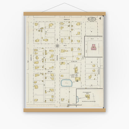 Old map wall art mockup — magnetic wood frame on white wall — Sanborn Fire Insurance Map from Wolfe City, Hunt County, Texas (1896), Sheet #0004