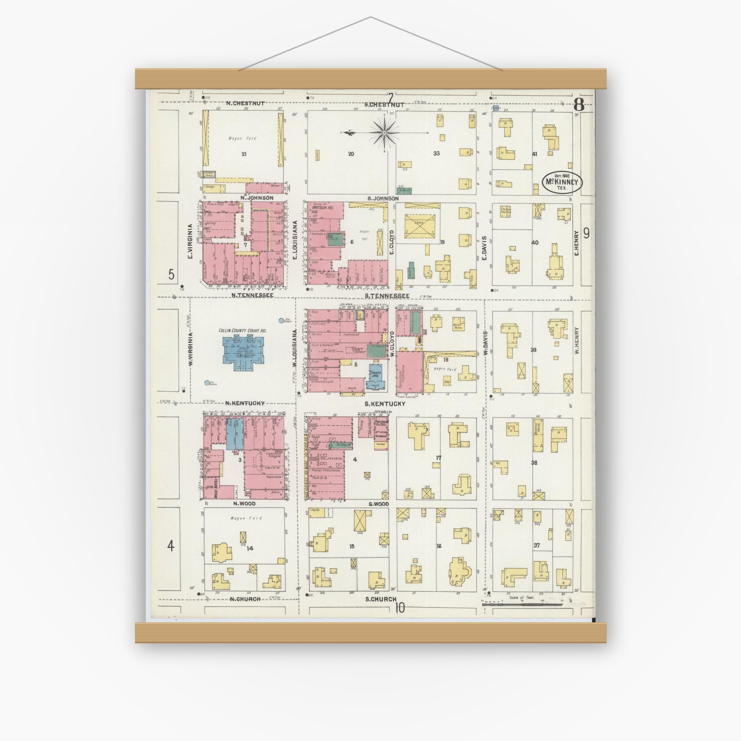 Old map wall art mockup — magnetic wood frame on white wall — Sanborn Fire Insurance Map from McKinney, Collin County, Texas (1902), Sheet #0008