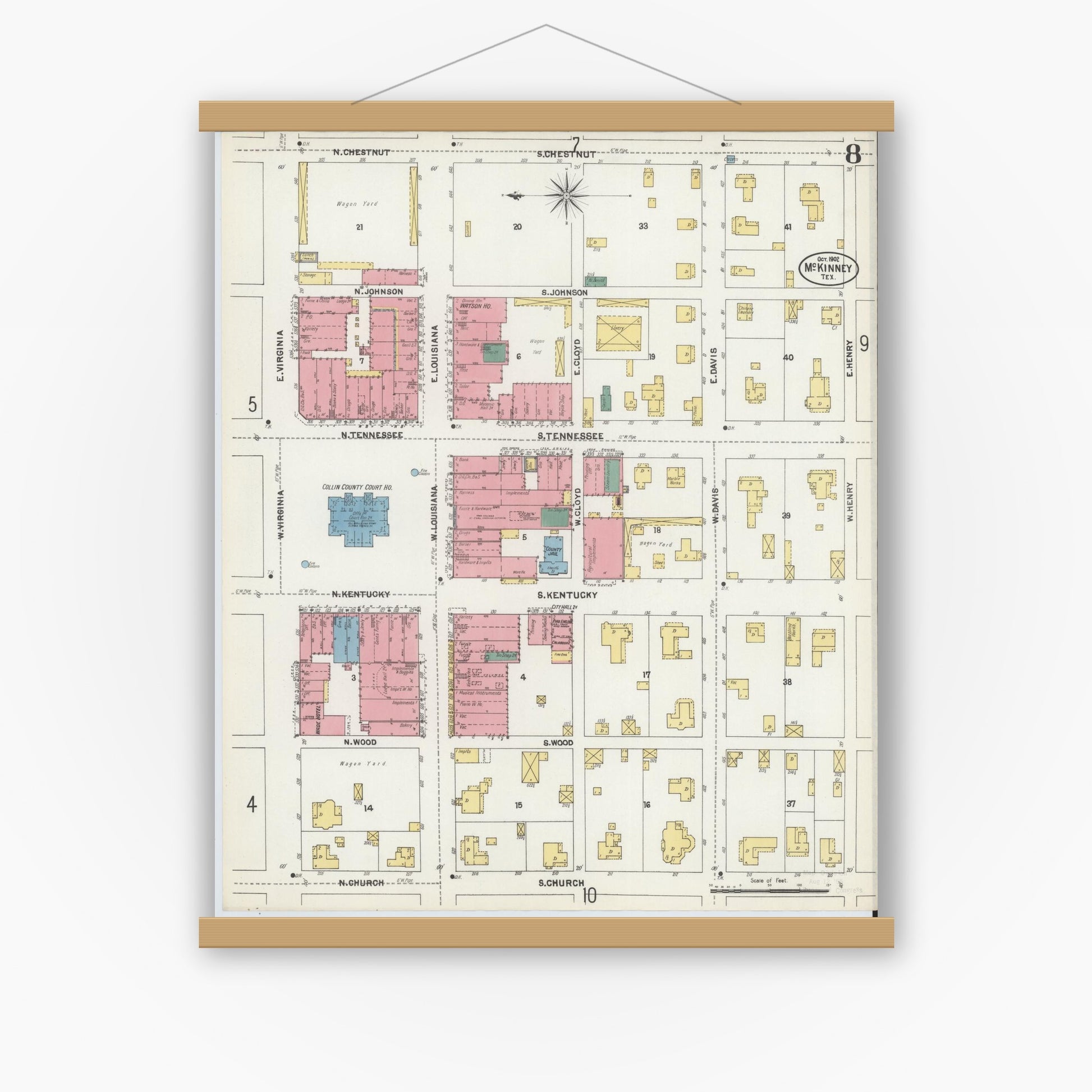 Old map wall art mockup — magnetic wood frame on white wall — Sanborn Fire Insurance Map from McKinney, Collin County, Texas (1902), Sheet #0008