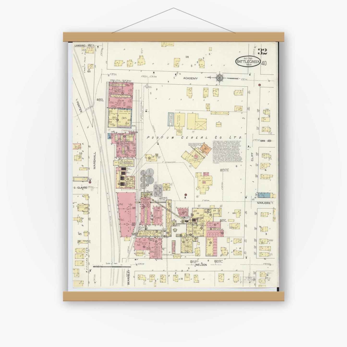 Old map wall art mockup — magnetic wood frame on white wall — Sanborn Fire Insurance Map from Battle Creek, Calhoun County, Michigan (1913), Sheet #0032