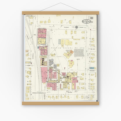 Old map wall art mockup — magnetic wood frame on white wall — Sanborn Fire Insurance Map from Battle Creek, Calhoun County, Michigan (1913), Sheet #0032
