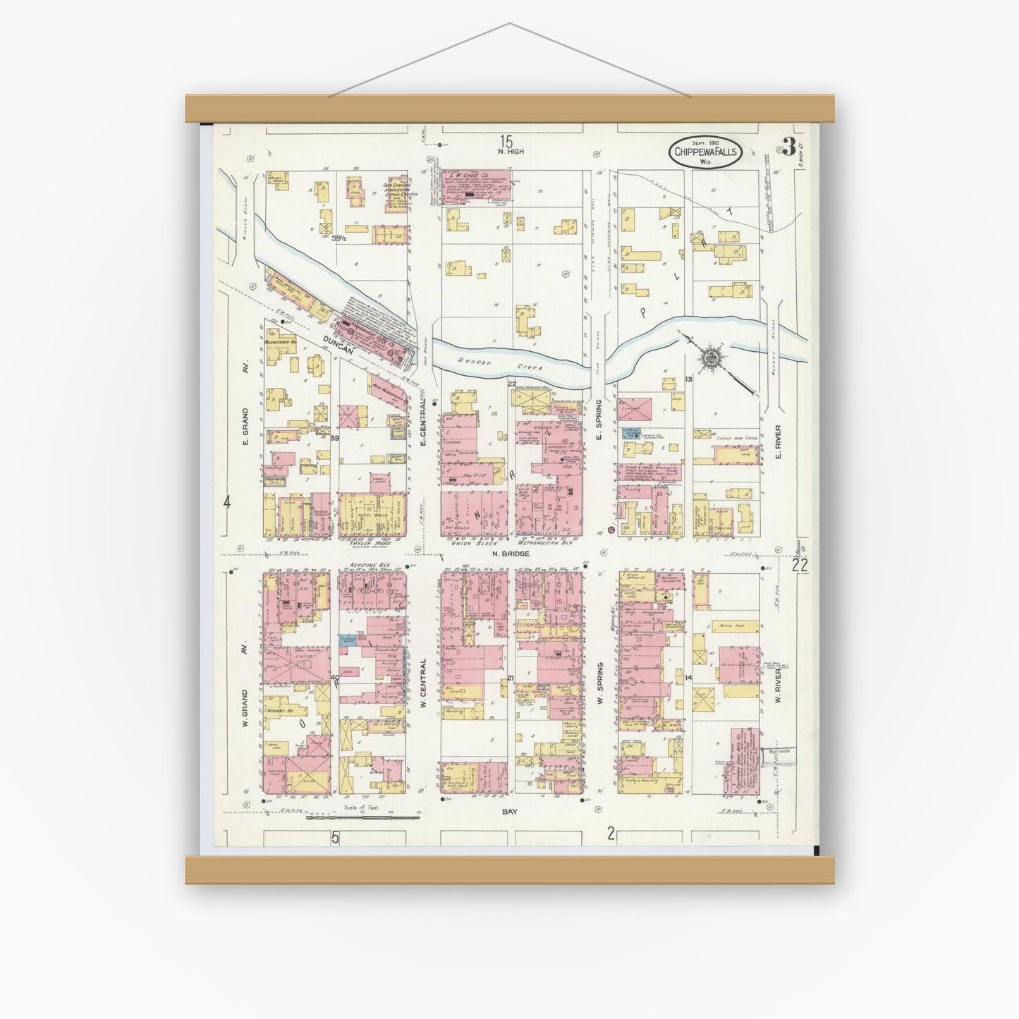 Old map wall art mockup — magnetic wood frame on white wall — Sanborn Fire Insurance Map from Chippewa Falls, Chippewa County, Wisconsin (1910), Sheet #0003