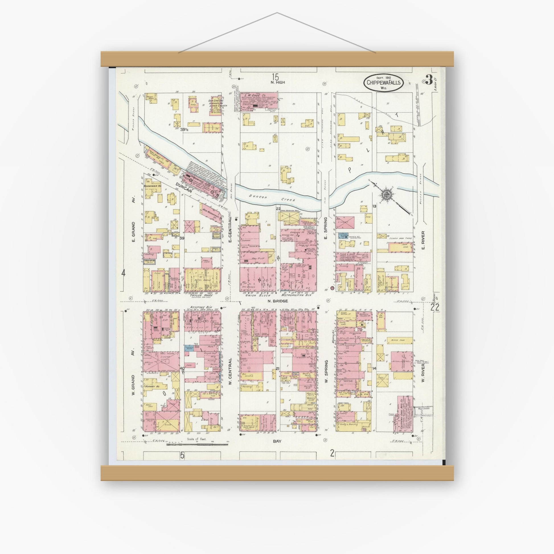 Old map wall art mockup — magnetic wood frame on white wall — Sanborn Fire Insurance Map from Chippewa Falls, Chippewa County, Wisconsin (1910), Sheet #0003