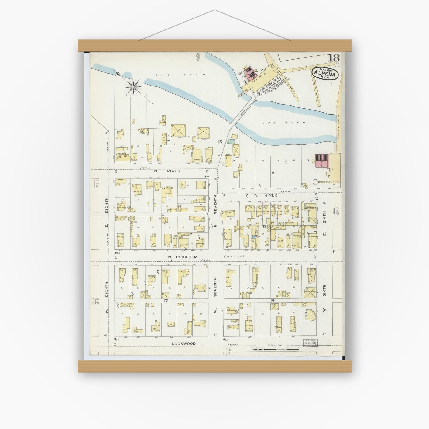 Old map wall art mockup — magnetic wood frame on white wall — Sanborn Fire Insurance Map from Alpena, Alpena County, Michigan (1895), Sheet #0018
