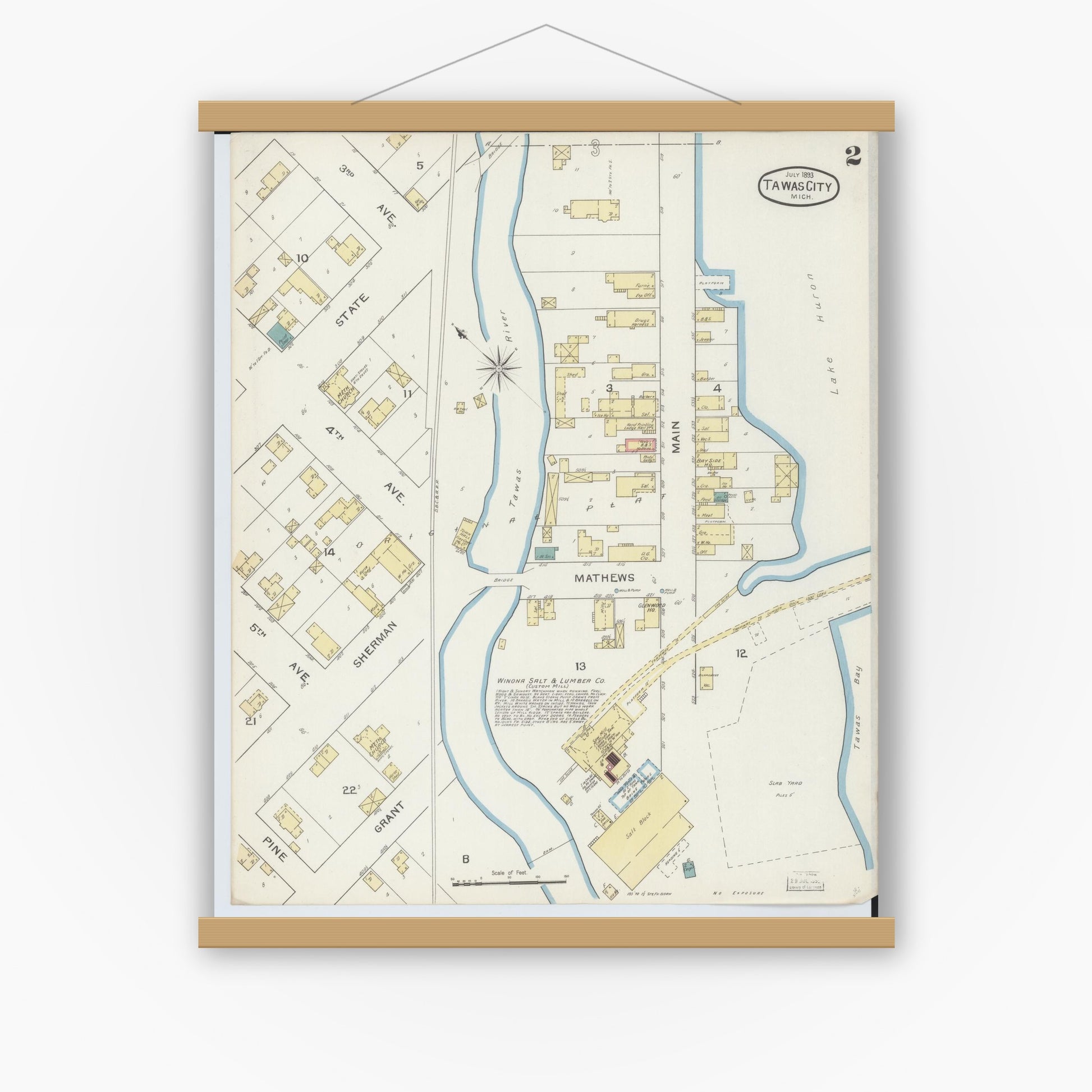 Old map wall art mockup — magnetic wood frame on white wall — Sanborn Fire Insurance Map from East Tawas, Iosco County, Michigan (1893), Sheet #0002