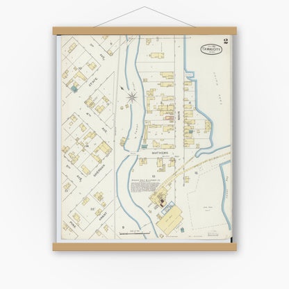 Old map wall art mockup — magnetic wood frame on white wall — Sanborn Fire Insurance Map from East Tawas, Iosco County, Michigan (1893), Sheet #0002