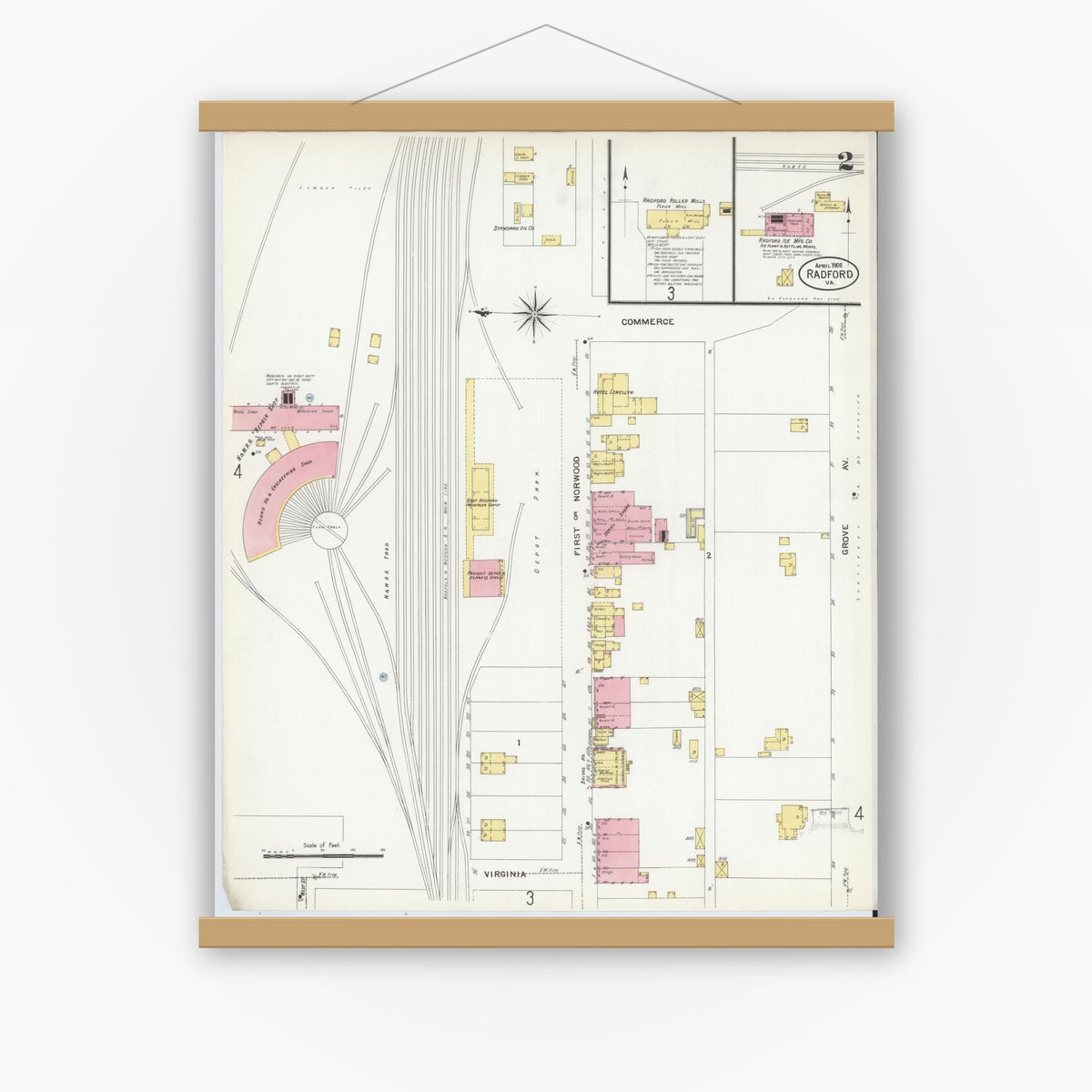 Old map wall art mockup — magnetic wood frame on white wall — Sanborn Fire Insurance Map from Radford, Independent Cities, Virginia (1908), Sheet #0002