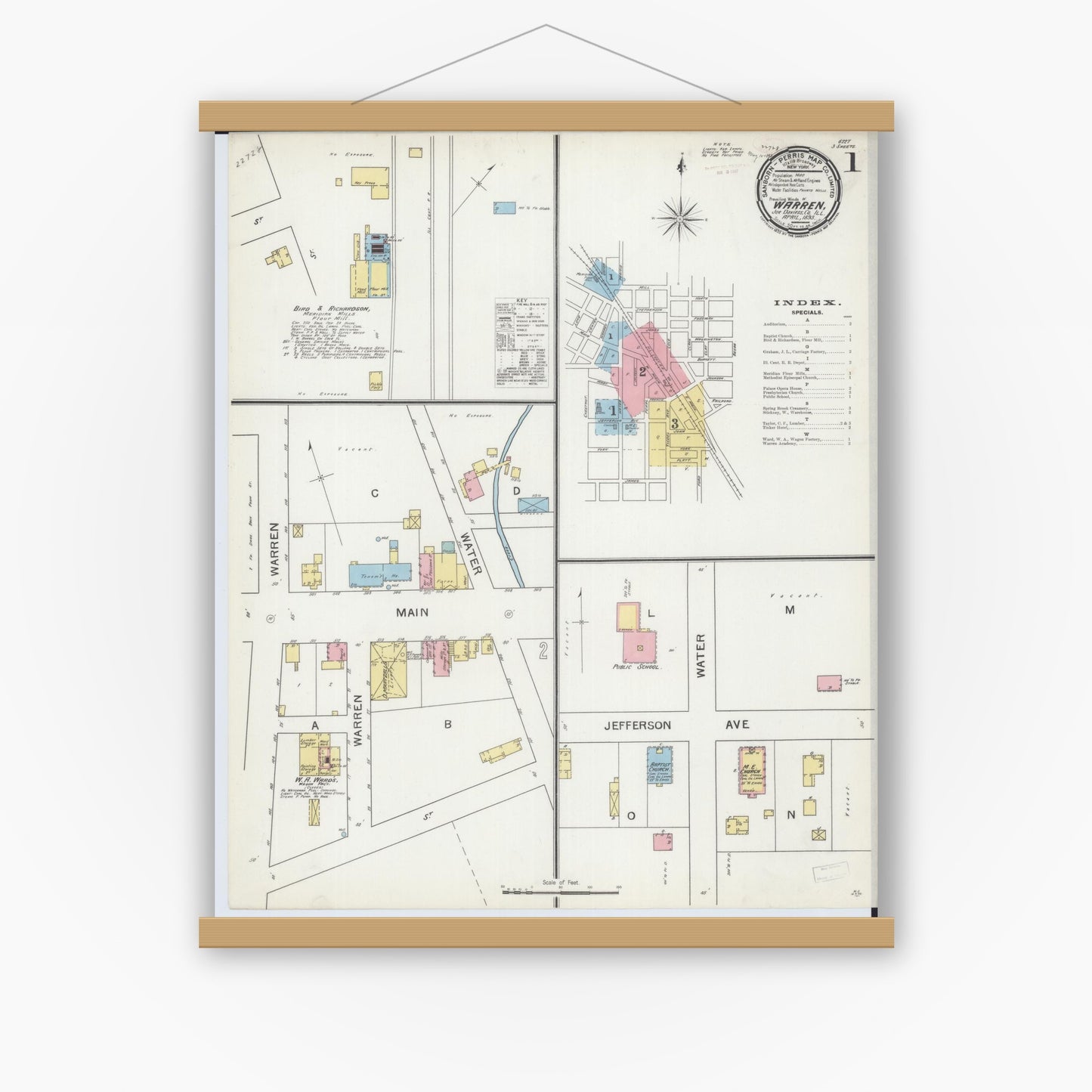 Old map wall art mockup — magnetic wood frame on white wall — Sanborn Fire Insurance Map from Warren, Jo Daviess County, Illinois (1893), Sheet #0001