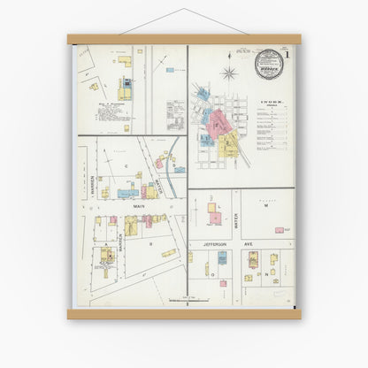 Old map wall art mockup — magnetic wood frame on white wall — Sanborn Fire Insurance Map from Warren, Jo Daviess County, Illinois (1893), Sheet #0001