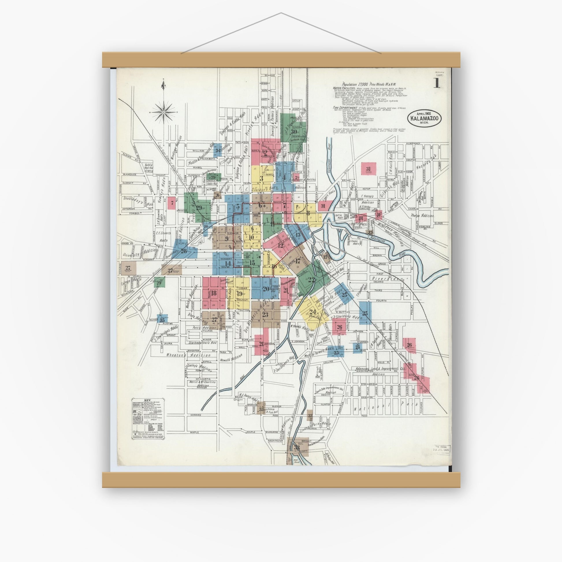 Old map wall art mockup — magnetic wood frame on white wall — Sanborn Fire Insurance Map from Kalamazoo, Kalamazoo County, Michigan (1902) - Complete Map Set