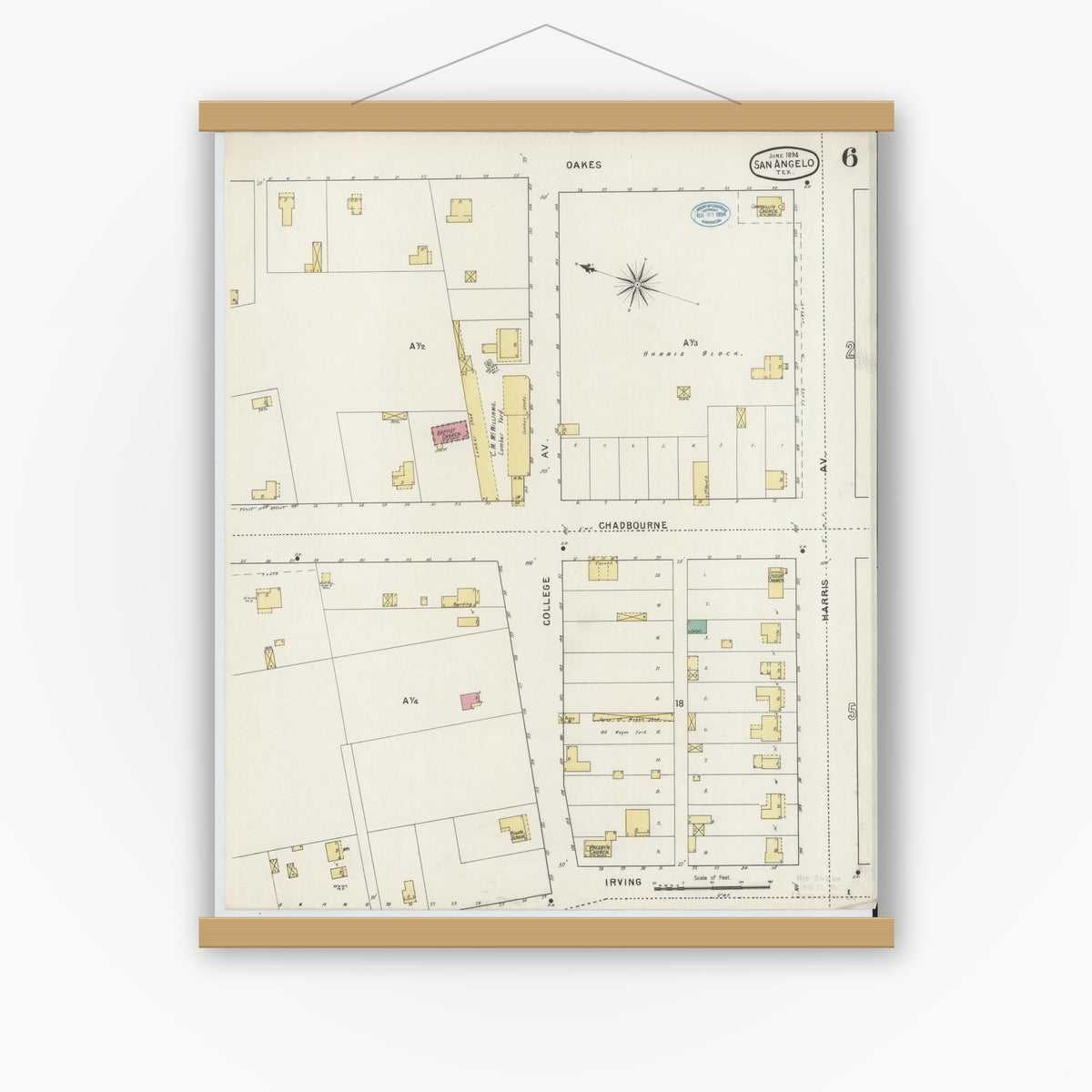 Old map wall art mockup — magnetic wood frame on white wall — Sanborn Fire Insurance Map from San Angelo, Tom Green County, Texas (1894), Sheet #0006