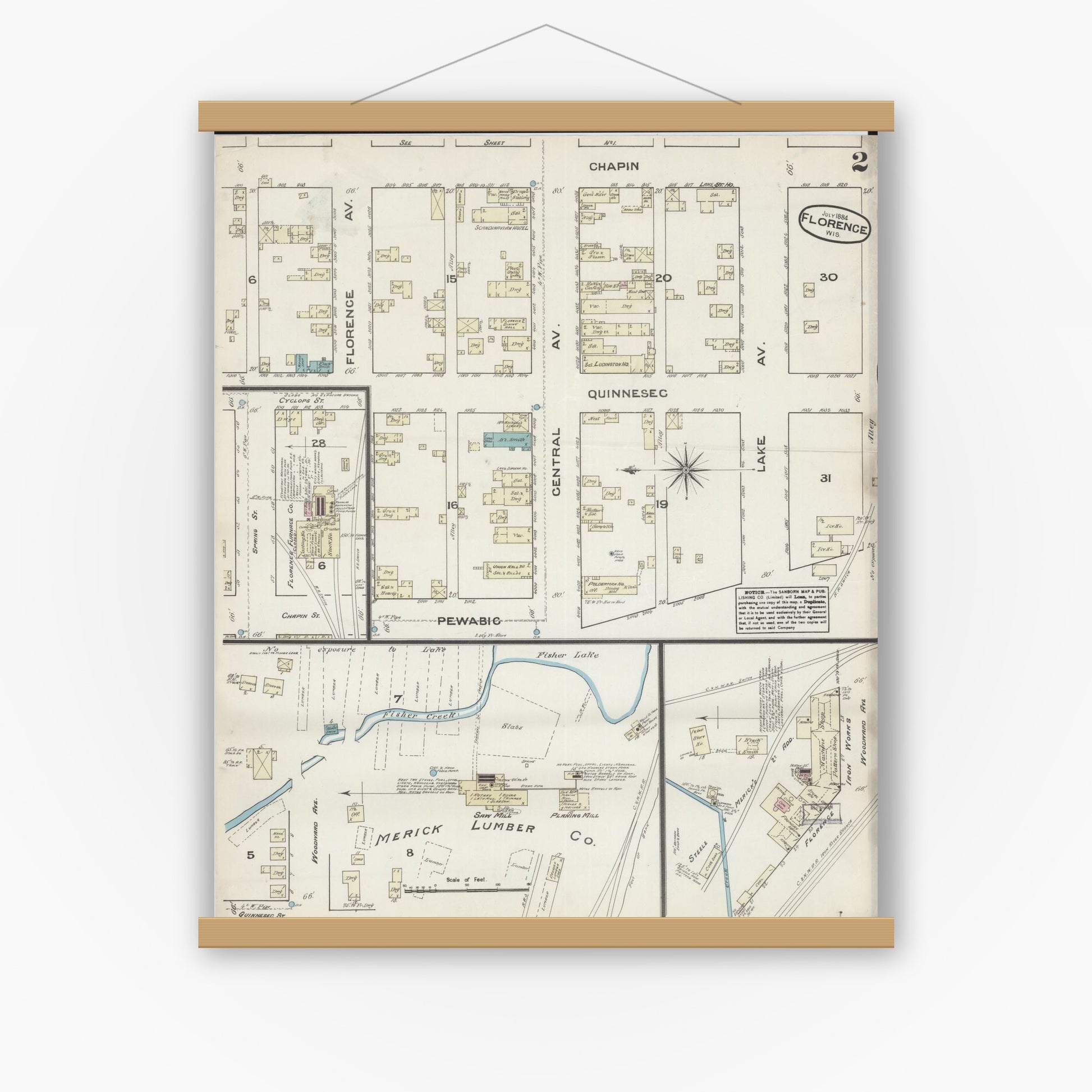 Old map wall art mockup — magnetic wood frame on white wall — Sanborn Fire Insurance Map from Florence, Florence County, Wisconsin (1884), Sheet #0002