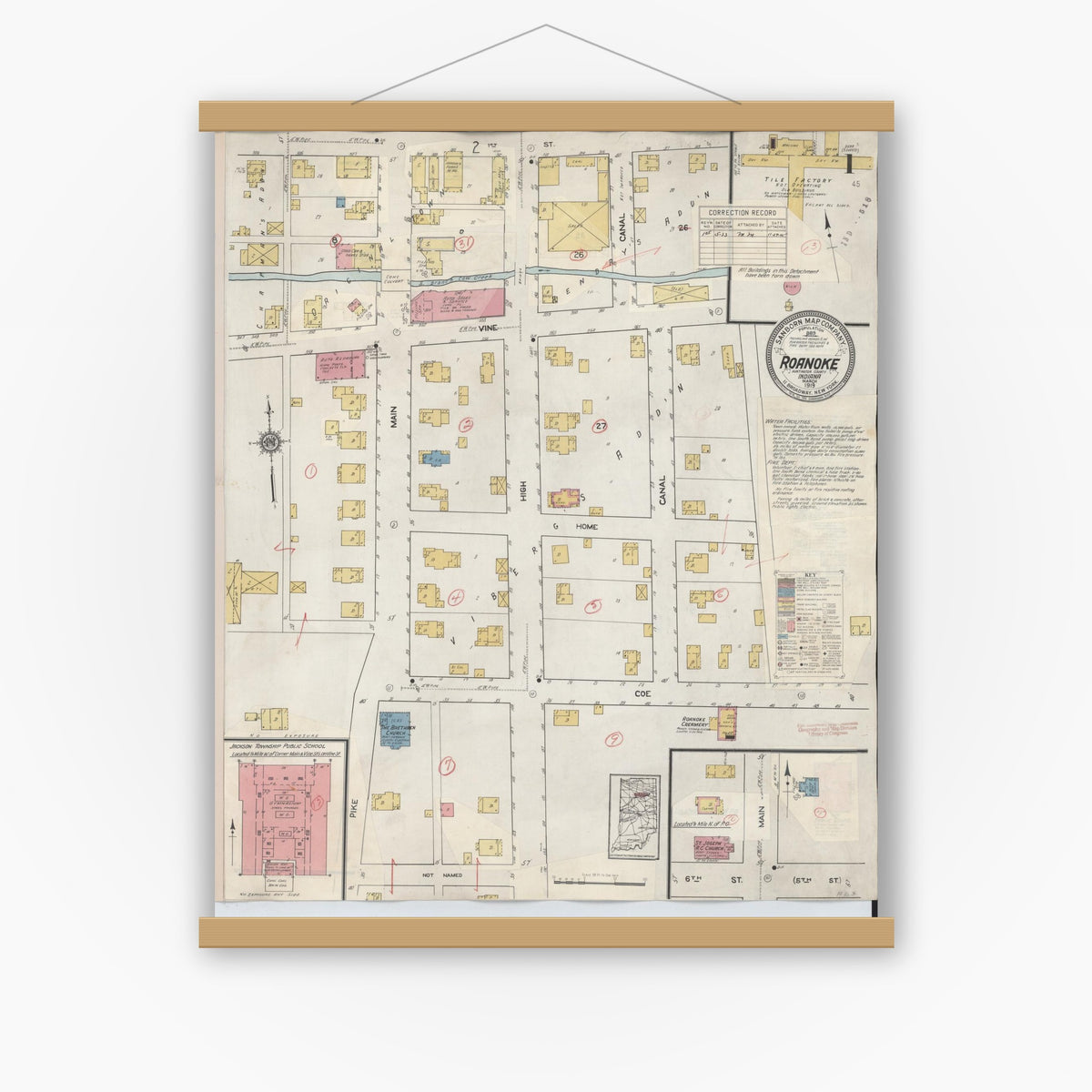 Old map wall art mockup — magnetic wood frame on white wall — Sanborn Fire Insurance Map from Roanoke, Huntington County, Indiana (1933) - Complete Map Set