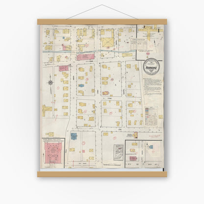 Old map wall art mockup — magnetic wood frame on white wall — Sanborn Fire Insurance Map from Roanoke, Huntington County, Indiana (1933) - Complete Map Set