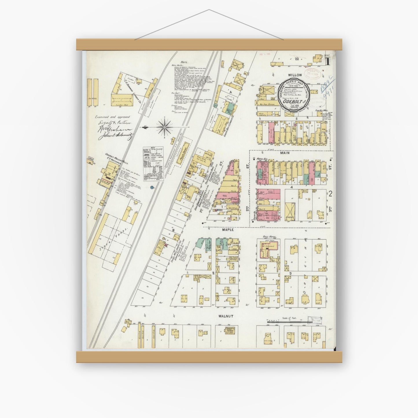 Old map wall art mockup — magnetic wood frame on white wall — Sanborn Fire Insurance Map from Odebolt, Sac County, Iowa (1899), Sheet #0001