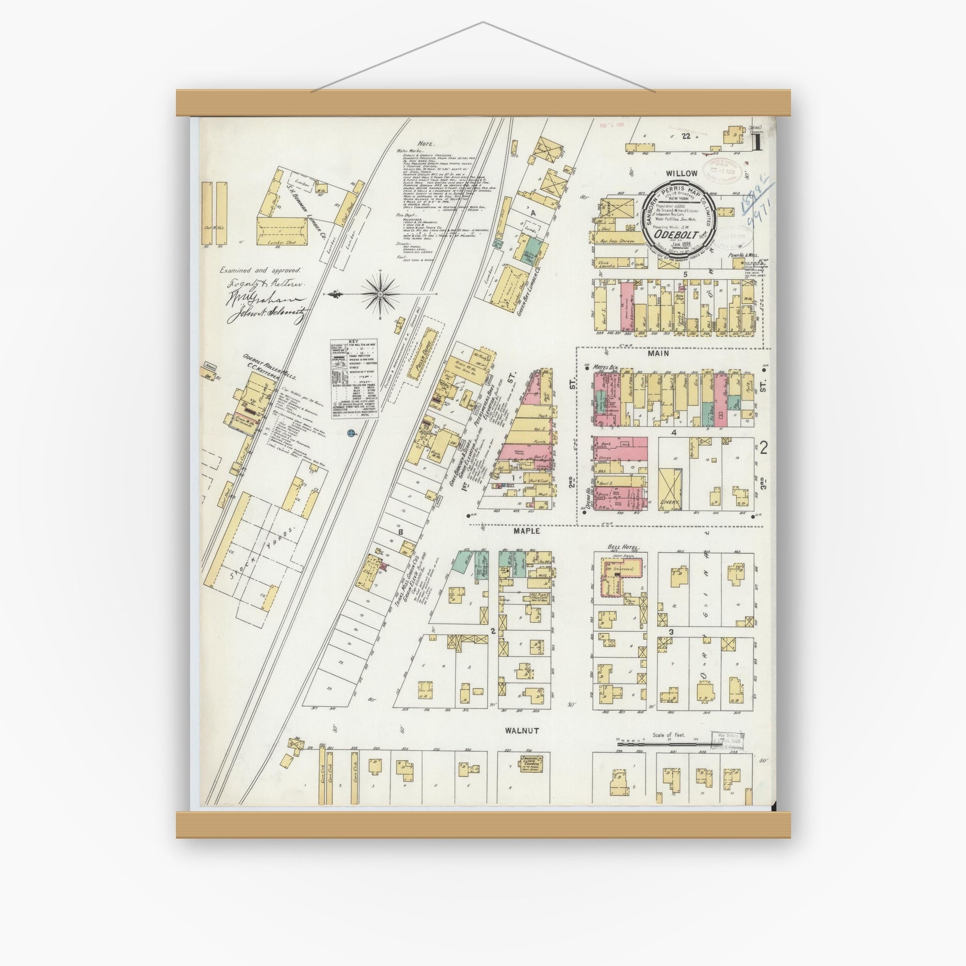 Old map wall art mockup — magnetic wood frame on white wall — Sanborn Fire Insurance Map from Odebolt, Sac County, Iowa (1899), Sheet #0001