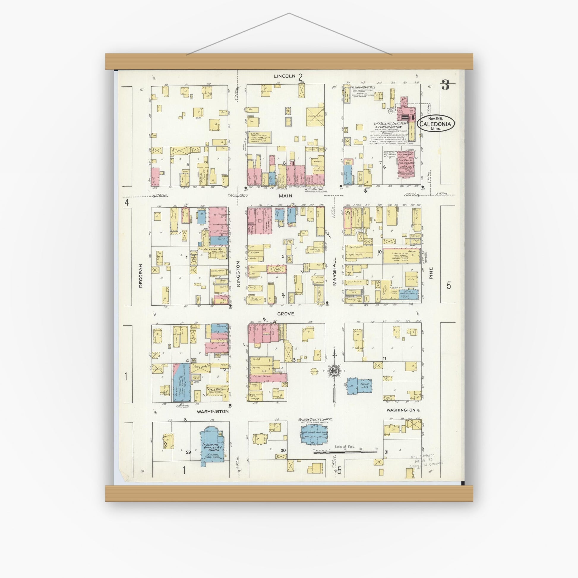 Old map wall art mockup — magnetic wood frame on white wall — Sanborn Fire Insurance Map from Caledonia, Houston County, Minnesota (1915), Sheet #0003